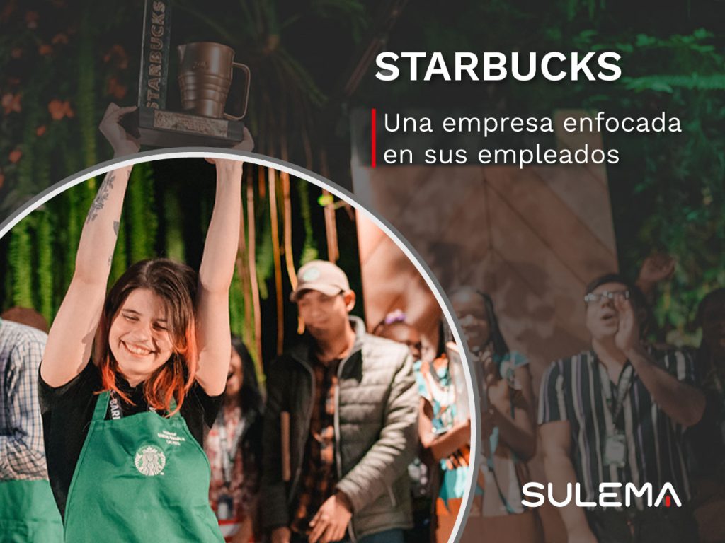 Portada de u blog con texto: "Starbucks: una empresa enfocada en sus empleados". En la imagen se ve una barista de la empresa celebrando levantando un trofeo